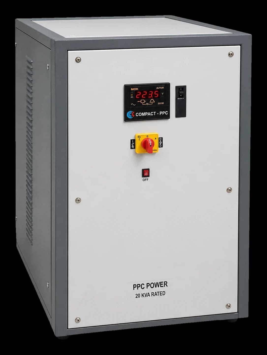 COMPACT Precision Power Conditioner cabinet with digital voltage display and rotary isolator, three-quarter view