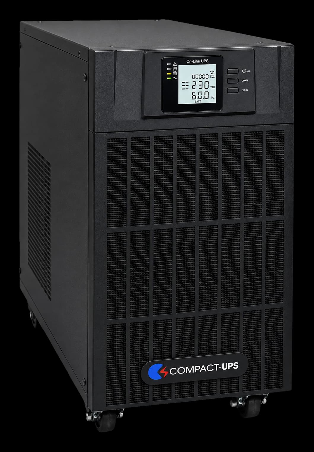 COMPACT Enterprise YD 3300 Series three-phase transformerless online UPS tower on castors, three-quarter view